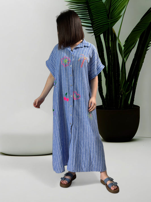 SOPHIE - ROBE CHEMISE OVERSIZE RAYURE BLEUE JUSQU'A LA TAILLE 48