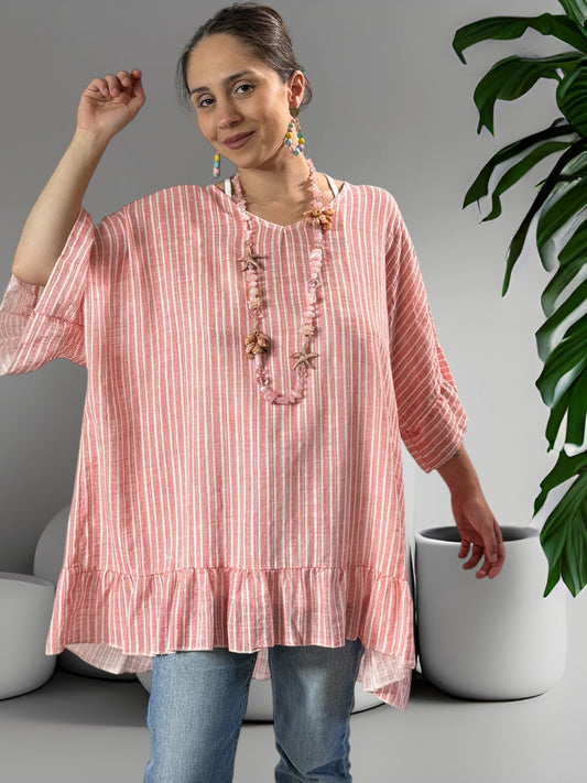 NELLY - TUNIQUE EN COTON A RAYURE CORAIL JUSQU'A LA TAILLE 52/54