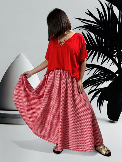 ESTIVALE - JUPE AMPLE VICHY ROUGE JUSQU'A LA TAILLE 52