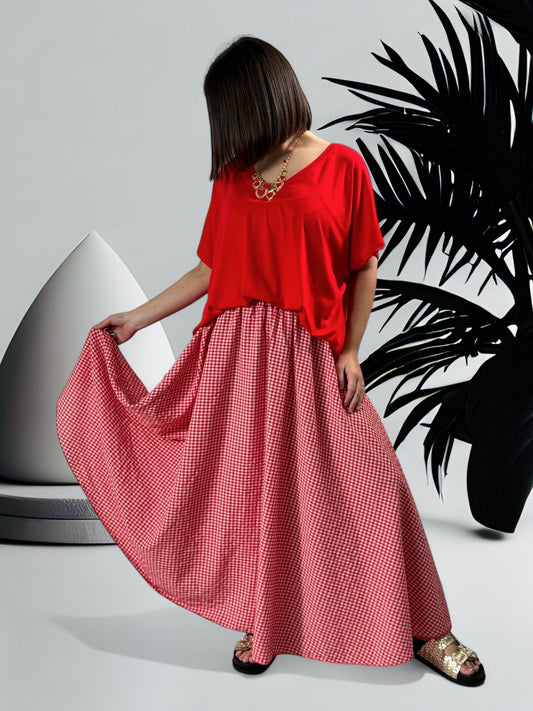 ESTIVALE - JUPE AMPLE VICHY ROUGE JUSQU'A LA TAILLE 52