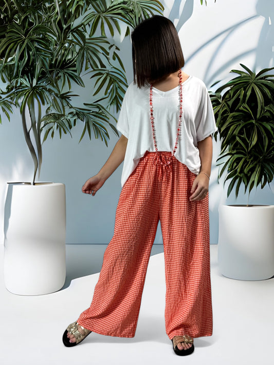 LEO - PANTALON VICHY ORANGE JUSQU'A 50