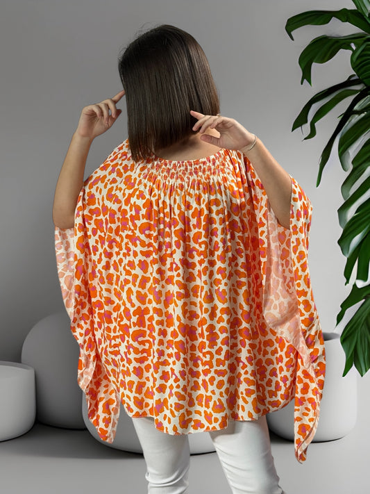 FAUVE - BLOUSE LEOPARD ORANGE OVERSIZE  JUSQU'A LA TAILLE 54