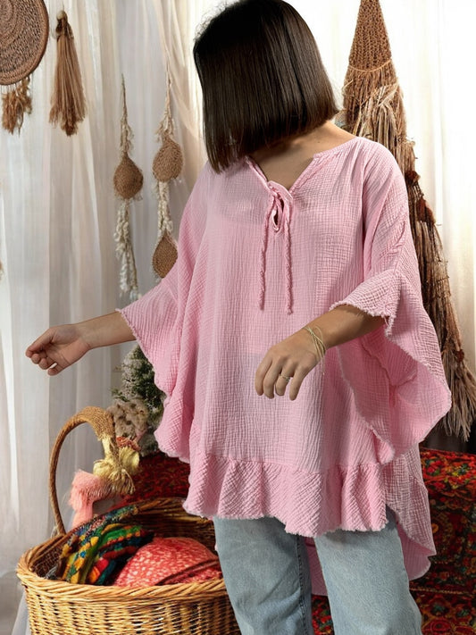VICTOIRE - TUNIQUE OVERSIZE ROSE EN GAZE DE COTON JUSQU'A LA TAILLE 52/54