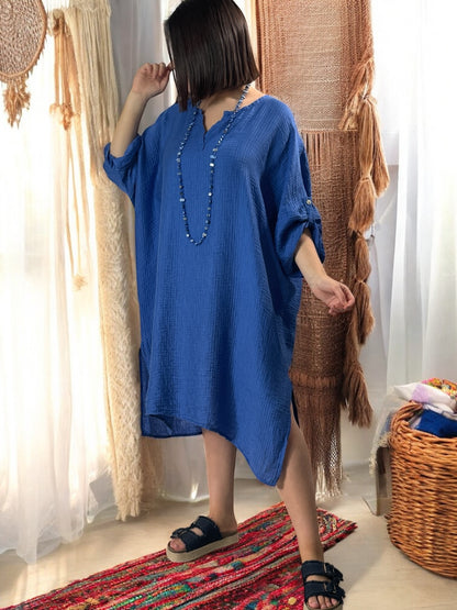 COLINE - ROBE TUNIQUE BLEUE OVERSIZE BRODEE DANS LE DOS JUSQU'A LA TAILLE 54/56