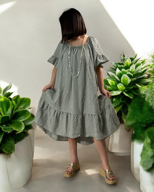 CAROLINE - ROBE VICHY KAKI JUSQU'A LA TAILLE 54