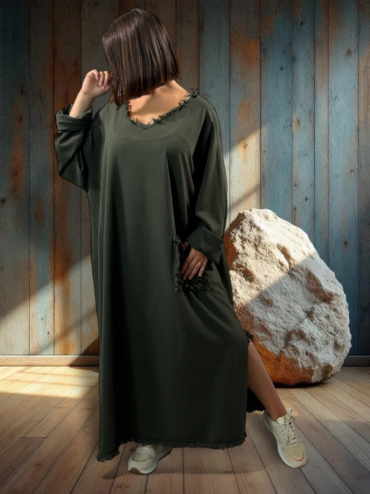 SALOME - ROBE OVERSIZE KAKI POCHE LEOPARD JUSQU'A LA TAILLE 58