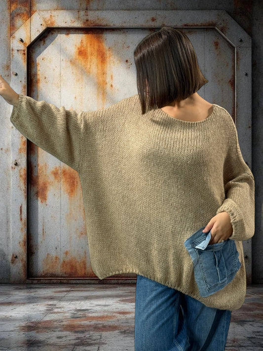 MICHOU - PULL OVERSIZE BEIGE POCHE EN JEAN JUSQU'A LA TAILLE 56