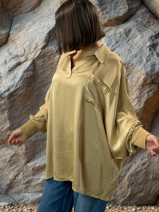 MONICA - TUNIQUE CAMEL OVERSIZE ASPECT SOIE JUSQU'A LA TAILLE 56