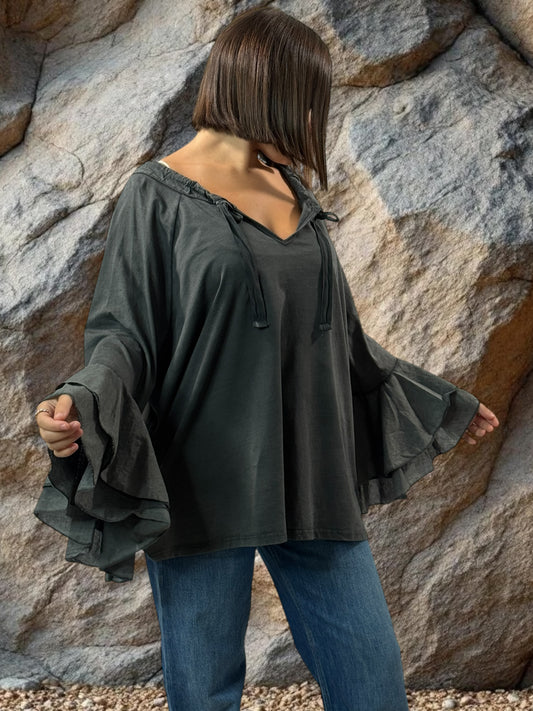 EMILIE - BLOUSE GRISE EN COTON OVERSIZE JUSQU'A LA TAILLE 52