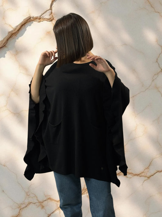 BIANCA - PONCHO NOIR EN MAILLE JUSQU'A LA TAILLE 56/58