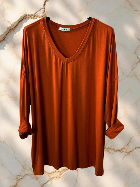 BASTIEN - T-SHIRT EN VISCOSE ROUX MANCHES LONGUES JUSQU'A LA TAILLE 52/54