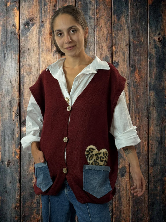 GIANNI - GILET BORDEAUX SANS MANCHE POCHES EN JEAN JUSQU'A LA TAILLE 52