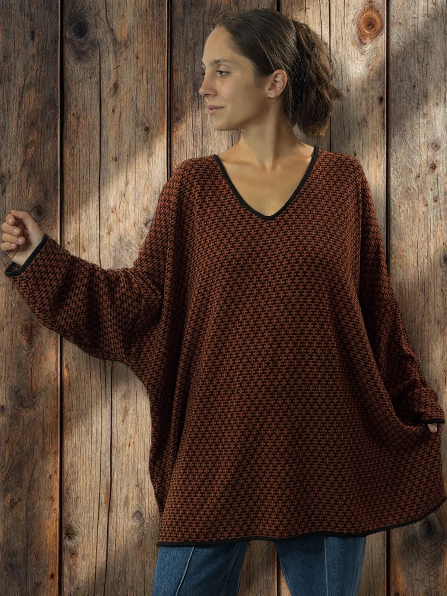 PABLO - PULL EN MAILLE A MOTIF ROUX JUSQU'A LA TAILLE 56