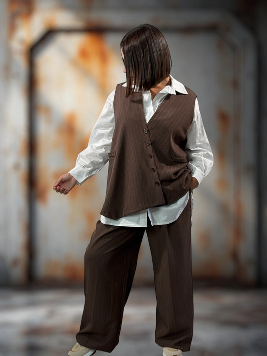 ADRIEN - GILET MARRON À RAYURE JUSQU'A LA TAILLE 48