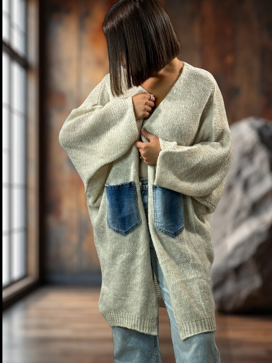 SANTANA - GILET OVERSIZE BEIGE POCHES EN JEAN JUSQU'A LA TAILLE 52