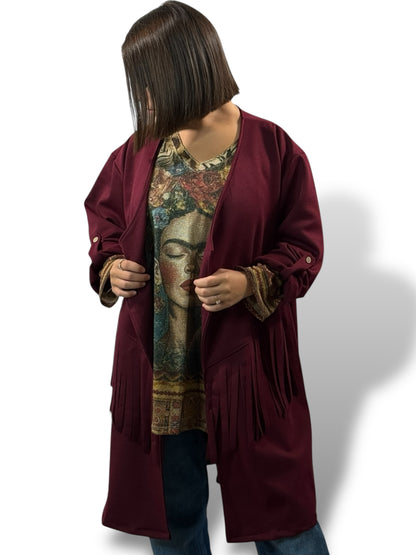 FERIA - VESTE BORDEAUX A FRANGE OVERSIZE JUSQU'A LA TAILLE 52/54