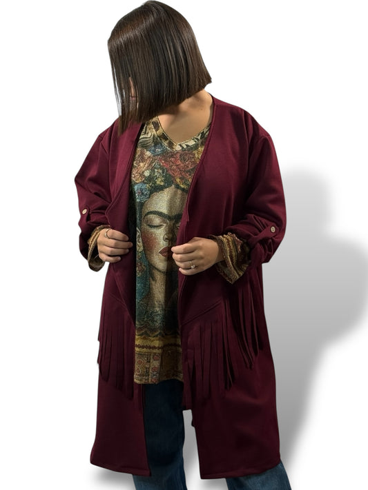 FERIA - VESTE BORDEAUX A FRANGE OVERSIZE JUSQU'A LA TAILLE 52/54