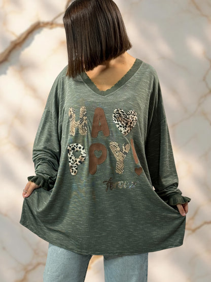 HELLO - PULL KAKI EN MAILLE LOGO HAPPY JUSQU'A LA TAILLE 54