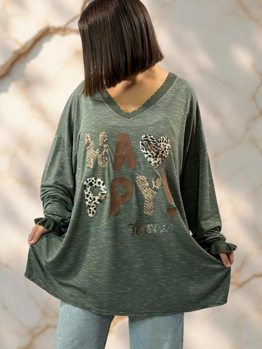 HELLO - PULL KAKI EN MAILLE LOGO HAPPY JUSQU'A LA TAILLE 54