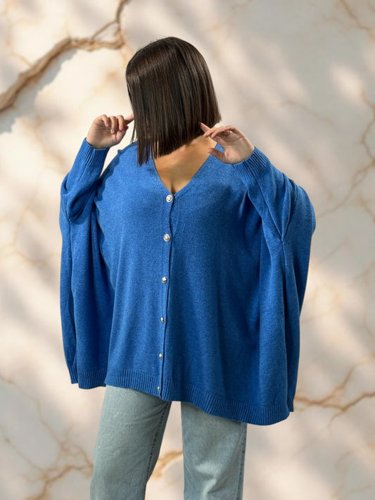 MATHILDE - GILET OVERSIZE BLEU JUSQU'A LA TAILLE 56/58