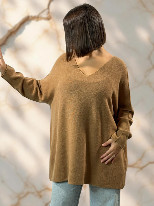 LARA - PULL OVERSIZE CAMEL JUSQU'A LA TAILLE 54