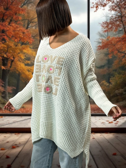 LOVELY - PULL OVERSIZE BLANC CASSE JUSQU'A LA TAILLE 56/58