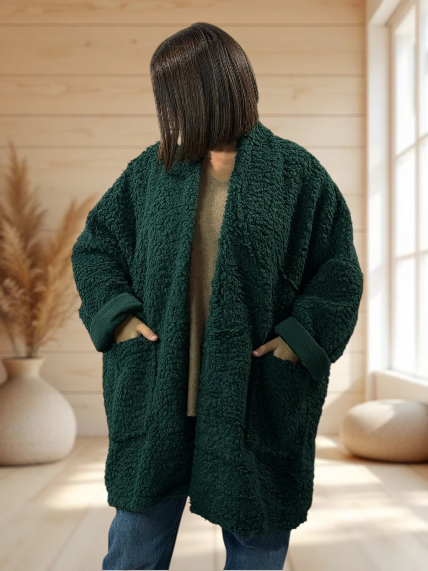 LILIROSE - VESTE OVERSIZE VERTE EN MOUMOUTE JUSQU'A LA TAILLE 56/58