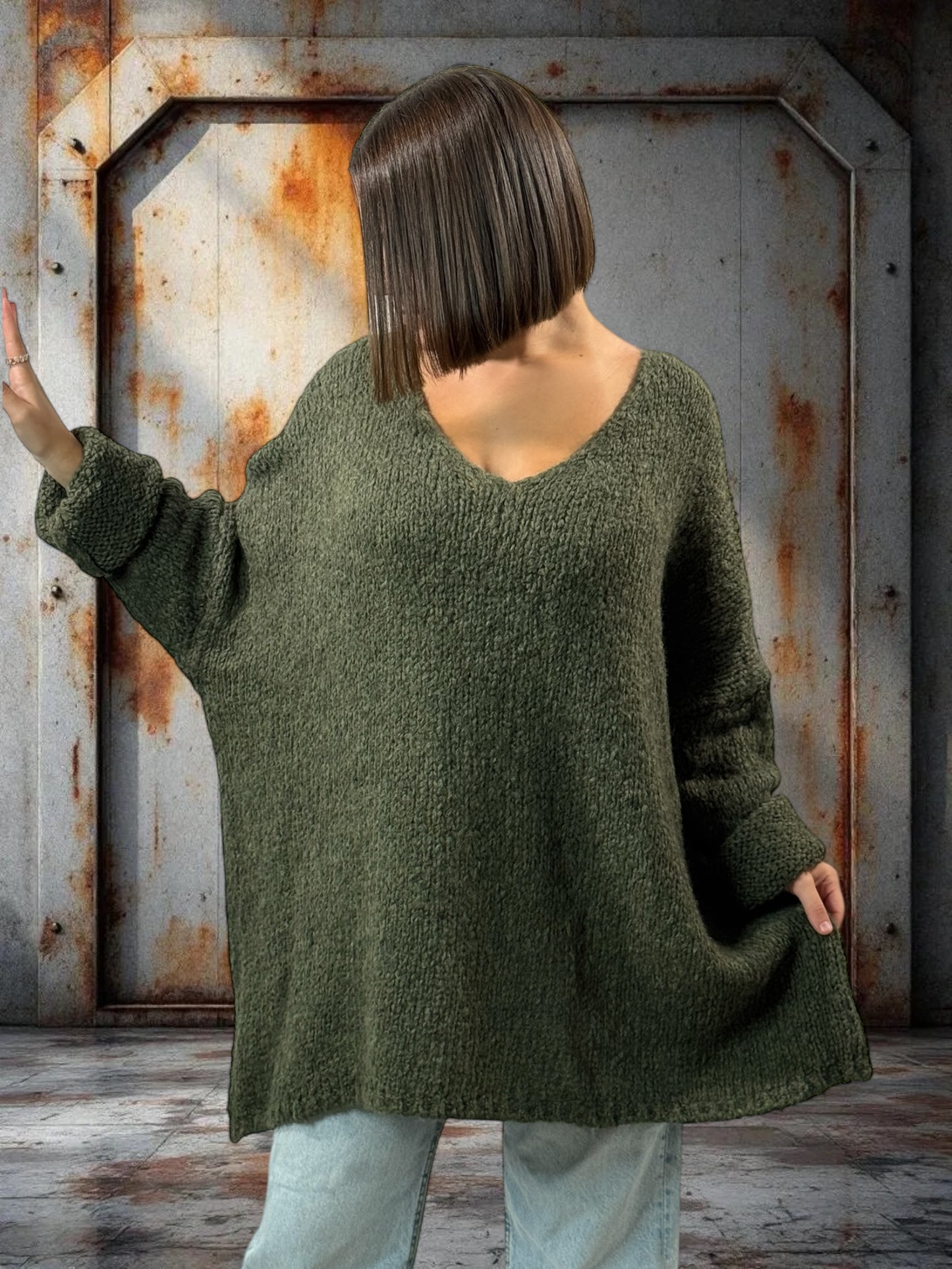 LUCKY - PULL KAKI OVERSIZE JUSQU'A LA TAILLE 56/58