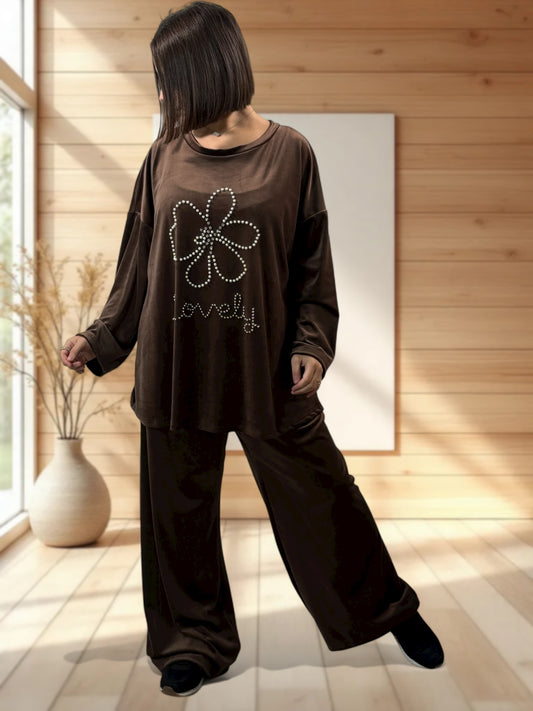 UMBERTO - ENSEMBLE MARRON EN VELOURS STRETCH JUSQU'A LA TAILLE 52/54
