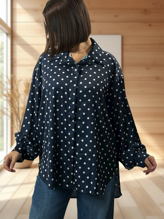 ROSAS - CHEMISE OVERSIZE MARINE A POIS JUSQU'A LA TAILLE 54