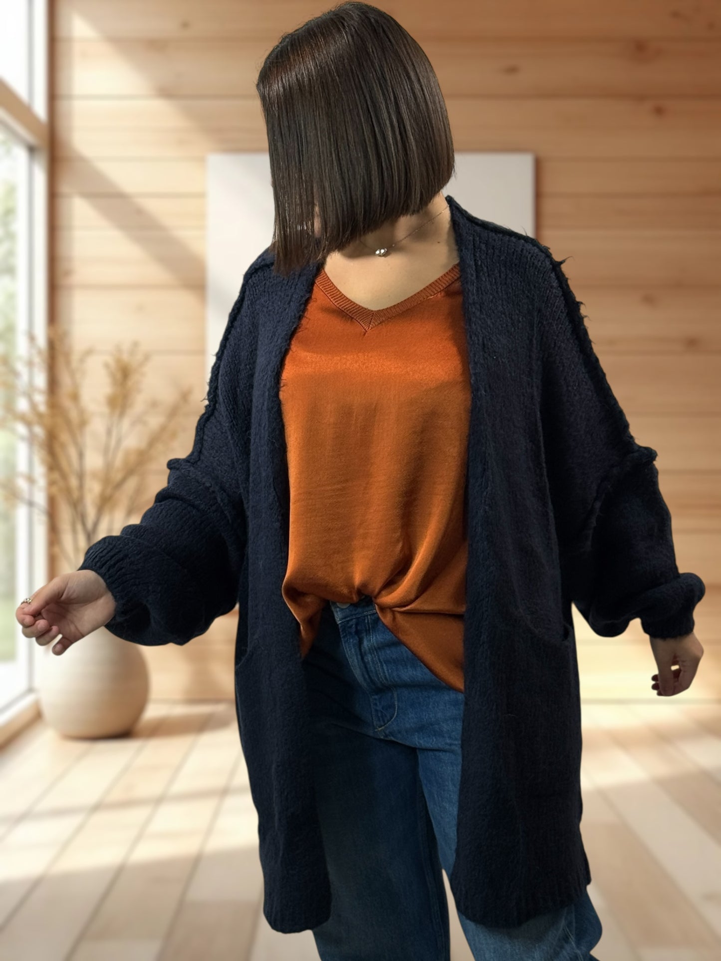 CLEO - GILET OVERSIZE MARINE AVEC JUSQU'A LA TAILLE 52/54