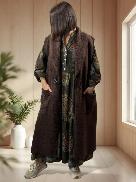 MAUD - GILET MARRON SANS MANCHES JUSQU'A LA TAILLE 54/56