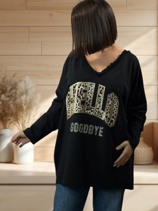 SANTIAGO - TOP NOIR EN COTON LOGO LEOPARD JUSQU'A LA TAILLE 56