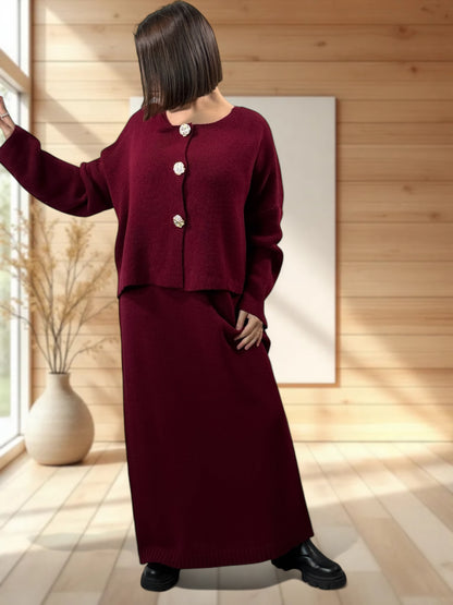 GABRIELA - ENSEMBLE BORDEAUX EN MAILLE ROBE ET GILET JUSQU'A LA TAILLE 48