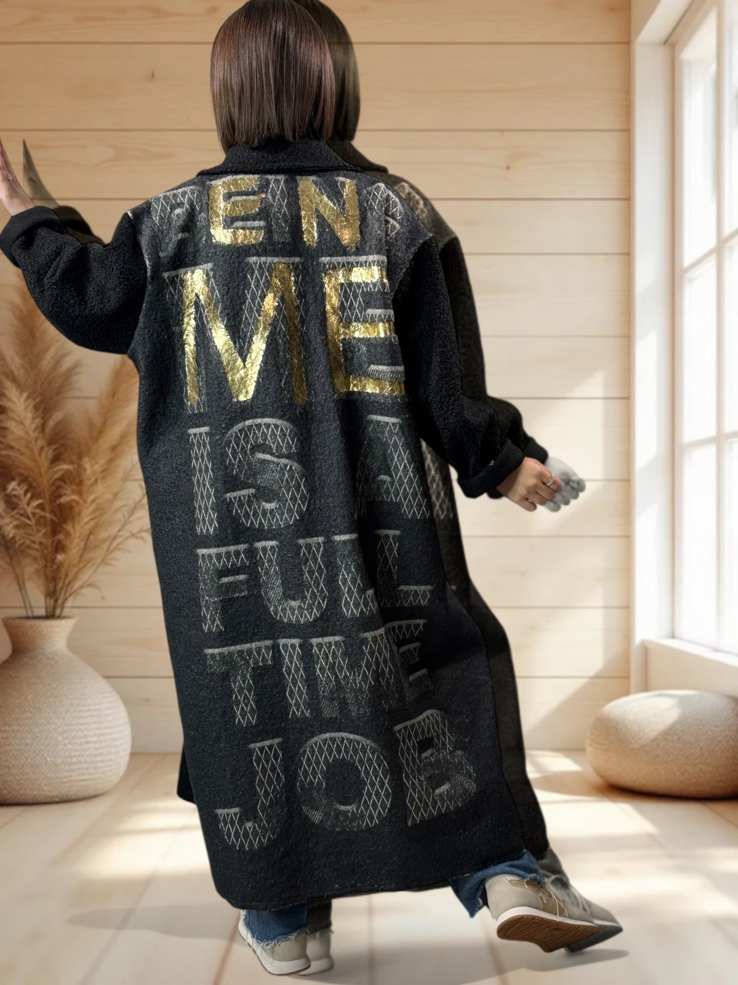 SYLVIO - LONG MANTEAU NOIR JUSQU'A LA TAILLE 54