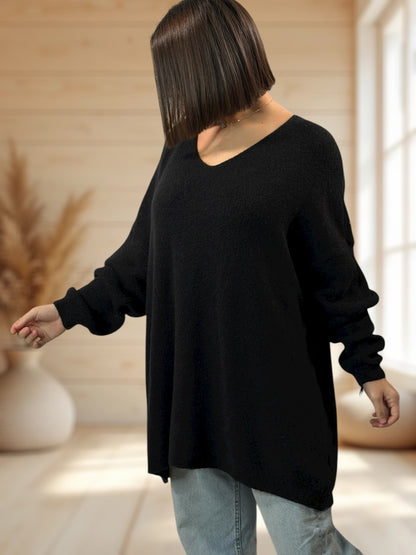 ANGELICA - PULL OVERSIZE NOIR AVEC ALPAGA JUSQU'A LA TAILLE 56