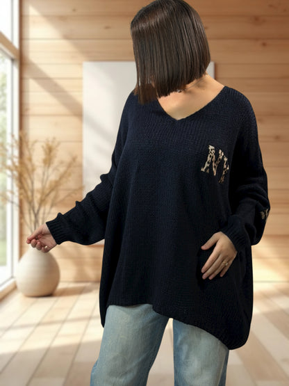 NEW YORK - PULL OVERSIZE MARINE JUSQU'A LA TAILLE 56