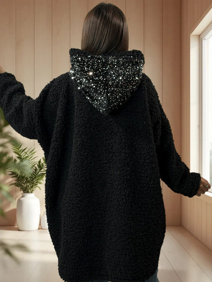 SAVAGE - PULL OVERSIZE NOIR CAPUCHE EN SEQUINS JUSQU'A LA TAILLE 56/58