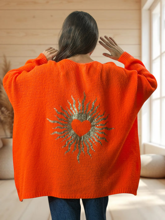 RICKOU - PULL OVERSIZE ORANGE MOTIF SOLEIL JUSQU'A LA TAILLE 56