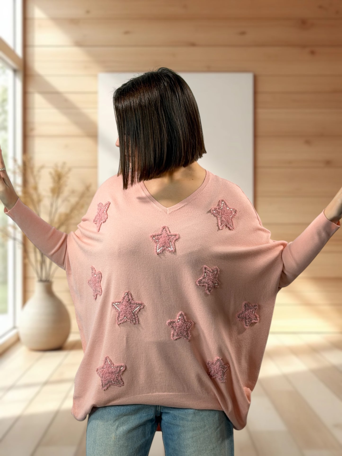 FLOCON - PULL ROSE ETOILE ET PERLE JUSQU'A LA TAILLE 52/54