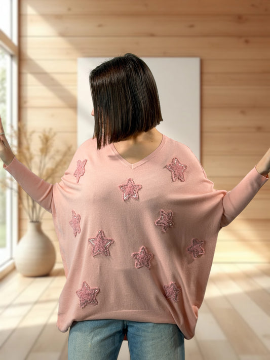 FLOCON - PULL ROSE ETOILE ET PERLE JUSQU'A LA TAILLE 52/54