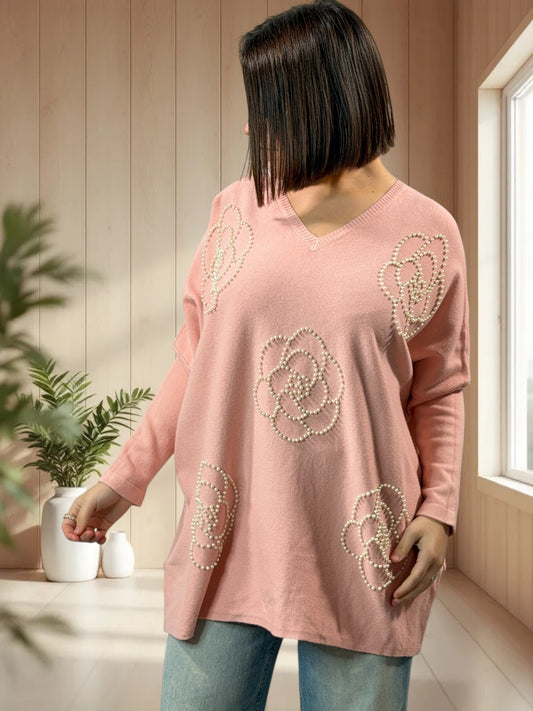 BIANCA - PULL OVERSIZE ROSE AVEC PERLE JUSQU'A LA TAILLE 54/56