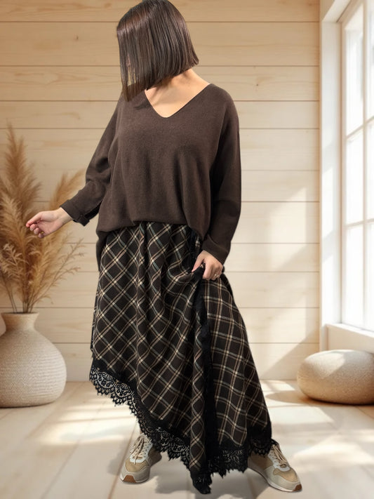 EDIMBOURG - JUPE ECOSSAISE MARRON AVEC DENTELLE JUSQU'A LA TAILLE 50/52