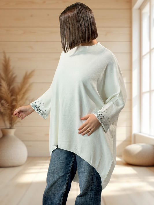 CORALINE - PULL OVERSIZE BLANC AVEC STRASS JUSQU'A LA TAILLE 56