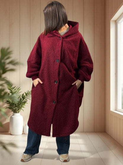 VIRGINIE - MANTEAU OVERSIZE BORDEAUX A CAPUCHE JUSQU'A LA TAILLE 54