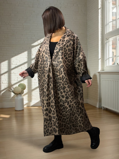 FRANCESCO - MANTEAU IMPERMEABLE OVERSIZE LEOPARD BEIGE JUSQU'A LA TAILLE 58
