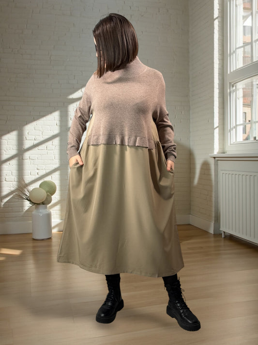 GARANCE - ROBE BI-MATIÈRE TAUPE JUSQU'A LA TAILLE 48/50