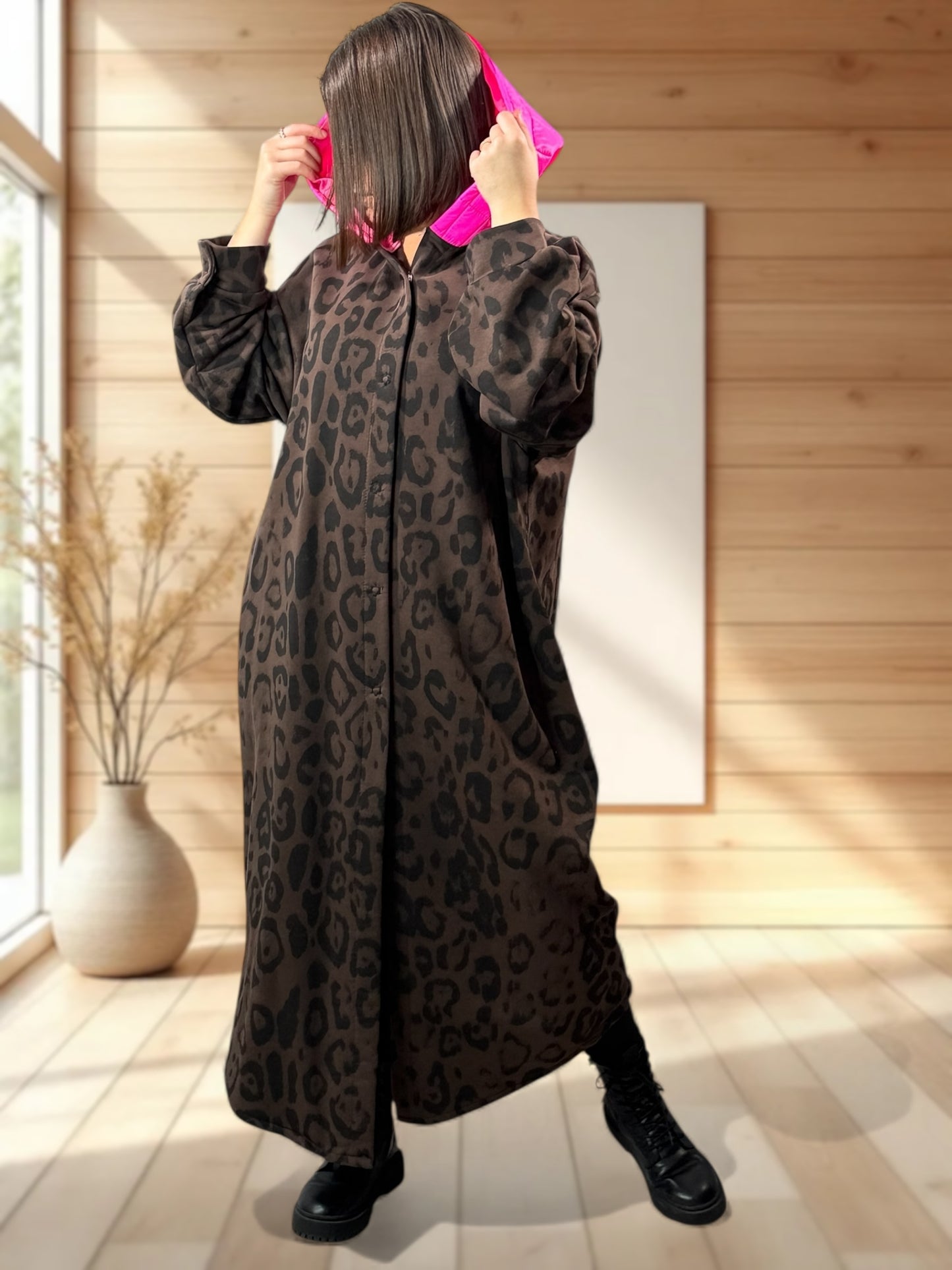 VICTORIA - MANTEAU OVERSIZE LEOPARD A CAPUCHE JUSQU'A LA TAILLE 52