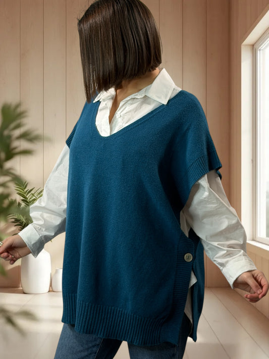 AURELIE - PULL BLEU CANARD SANS MANCHES JUSQU'A LA TAILLE 52