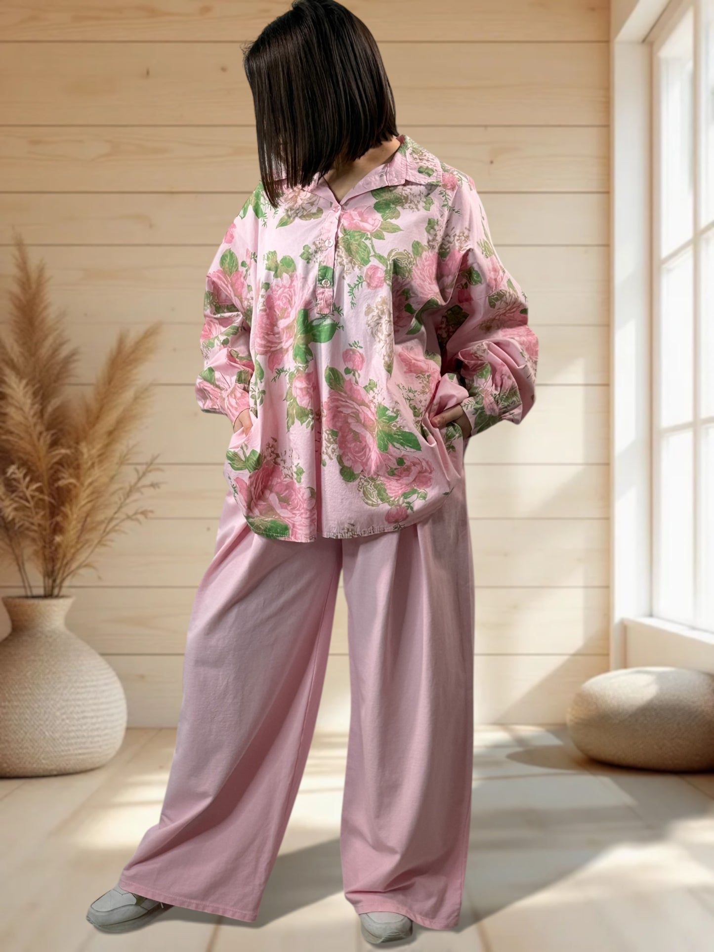 DONATA - PANTALON AMPLE EN COTON ROSE TAILLE 46 A 52